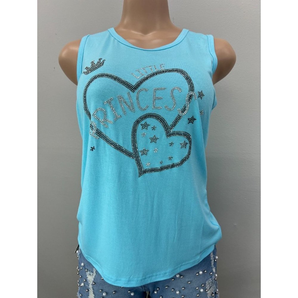 WOMEN Tank Top Shirt Sleeveless Yoga Top Rinestone Design Light Blue S/M